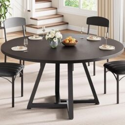 Jocoevol Round Kitchen Dining Table for 4 People, Circle Dinner Table with Metal Frame, Space Saving Wood Industrial Furniture (Black, 47 inch