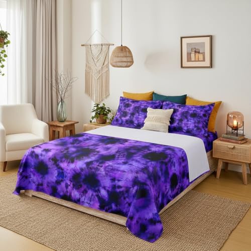 Castle Fairy Boho Psychedelic Bed Sheet Set 4 Piece, Tie Dye Bohemian Gypsy Purple Watercolor, Quality Brushed Microfiber Bedding Set with Flat, Fitted Sheet, 2 Pillow Cases, Full Size