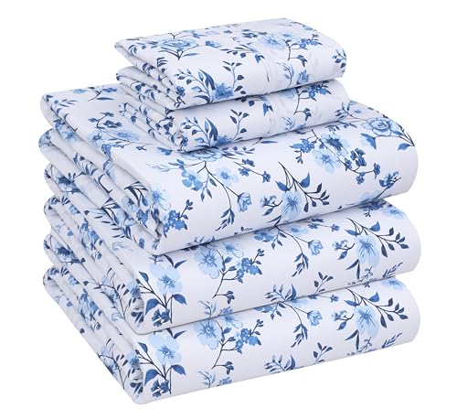 "RUVANTI 100% Cotton Sheets ??? Split King Size Percale Bedding, Cooling & Breathable Floral Design, Durable with a Crisp, Soft & Comfortable Feel, 16"" Deep Pocket, 5-Piece Set, Annual"