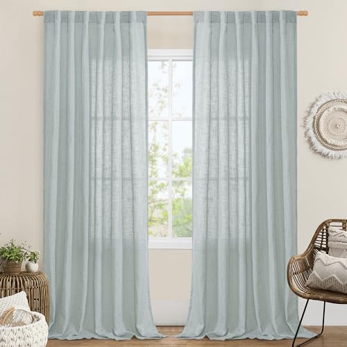 LAMIT Linen Semi Sheer Curtains 96 inches Long 2 Panels Set, Light Filtering Panels Back Tab and Rod Pocket Floor to Ceiling Curtains for Bedroom/Living Room, Greyish Blue, 52 x 96 Inch