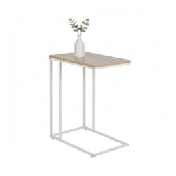 Relaxdays side table, HxWxD: 64 x 50 x 35 cm, MDF, metal, C-shape, coffee table for under sofa, white/natural