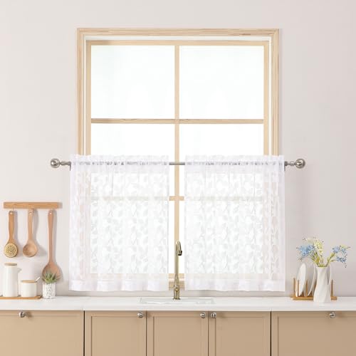 "Chyhomenyc White Sheer Curtains 24 Inch Length, Light Filtering Leaf Tufted Textured Small Window Kitchen Curtain Over Sink, Short Half Window Curtains for Bathroom Basement, 28"" Wx24 L, 2 Panels"