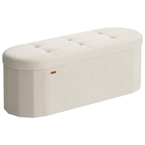 SONGMICS Storage Ottoman Bench, Folding, Velvet Fabric, 110 L Capacity - Storage Chest, Foot Rest Stool, Easy Assembly, for Living Room, Entryway, Bedroom, 38 x 110 x 38 cm, Cream White LSF297LH02