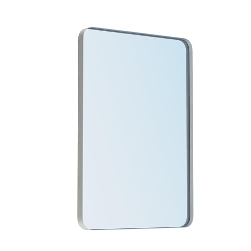 VocalStar 18 x 26 Inch Silver Bathroom Mirror for Wall, Metal Framed Rounded Rectangle Vanity Mirror Modern Farmhouse, 1/4-inch Shatterproof Glass - Ultra-Flush Hanging