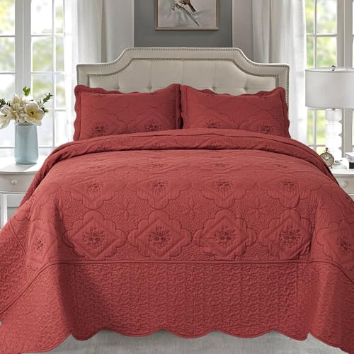 "Cmfshape Floral Embroidery Quilt Set,3 Pieces Queen Quilt Bedding Set,Classic Diamond Pattern Quilts,Ultra Soft Lightweight Reversible Bedspread Coverlets for All Season(Burgundy,90""x90"")"
