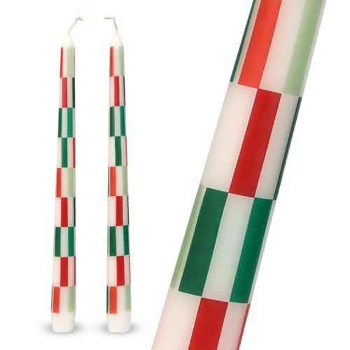 Talking Tables 2 x Red and Green Checked Tapered Candles – Chequered Dinner Candles for Table Wedding Centrepieces, Home Décor & Gifts, Unscented Wax, 5 Hour Burn, Decorative Table, 25cm