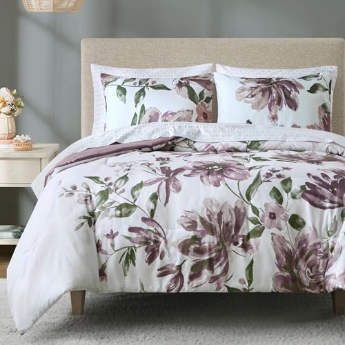 Madison Park Essentials King Comforter Set with Sheets, Floral Print, Microfiber Comforter for a King-Size Bed, Shabby Chic Bed in a Bag Set Diamond Printed Sheet, Alice, King Mauve 7 Piece