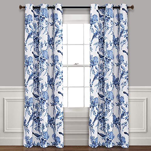 "Lush Decor Farmhouse Bird and Flower Insulated Grommet Blackout Window Curtain Panel Pair, 84"" x 38"", White and Blue"