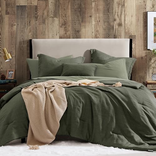 Geniospin Queen Comforter Set - 7 Pieces Comforter Queen Size, Solid Bedding Set for All Season, Textured Bed in a Bag with Flat Sheet and Fitted Sheet, Pillowcases and shams (Dark Green, 90''x90'')