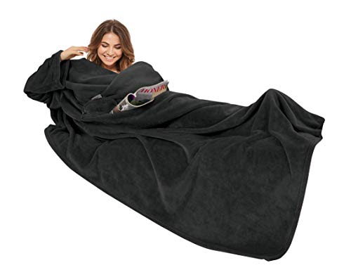 Gözze - Premium Wearable Snuggle Blanket with Sleeves and Breast Pocket, 150 x 240 cm - Black