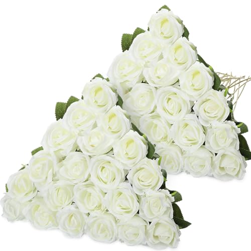 Hotop 40 Pcs Rose Artificial Flowers Bulk with Long Stem,Realistic Silk Fake Roses Bouquet for Home Wedding Centerpieces Party Table Decoration Valentines Gifts(White)