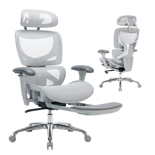 COLAMY Ergonomic Mesh Office Chair with Footrest, Executive High Back Computer Desk Chair with Wide Headrest and Adjustable 3D Arms, Backrest, Tilt Lock and Lumbar Support(Grey)