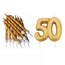 50th Birthday Gold Candle Kit, Glitter Number 50 Candle with 12 Metallic Spiral Cake Candles and Holders, Birthday Cake Decorations, Pack of 13