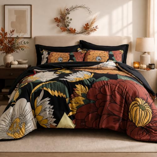 Tyrot Black Boho Floral Twin Comforter Set - 2 Piece Farmhouse Botanical Bedding Comforter Sets for All Season Soft Lightweight Mid Century Bed Set, (1 Reversible Comforter and 1 Pillow Sham