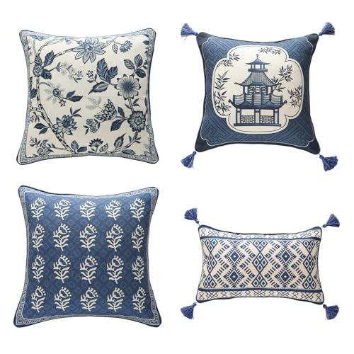 bilin gaier Designer French Linen Throw Pillow Cover,Set of 4-Suqing ABCD - Vintage Elegant Blue Pillow Cover,Concealed Zipper Design,Floral Pattern,Sofas,Bedroom,Living Room,Lounge Chairs