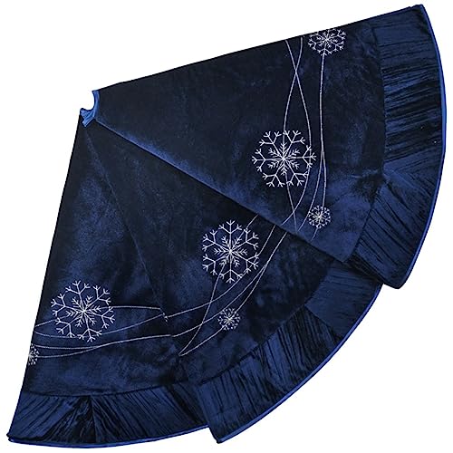ONGLYP X.Sem Snowflakes Embroidered Velvet Christmas Tree Skirt with Pleat Velvet Border 50'' Navy (Navy, 50 inch)