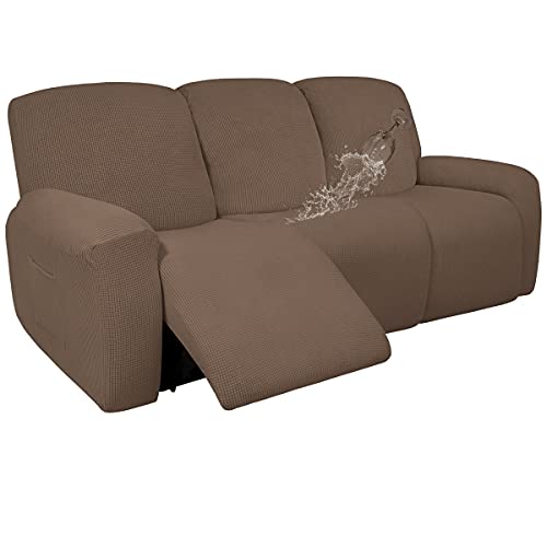Easy-Going 100% Dual Waterproof Recliner Sofa Cover, 8-Pieces Stretch Relining Couch Cover with Pocket, Jacquard 3 Seat Sofa Slipcover Leakproof Washable (Sofa, Brown)