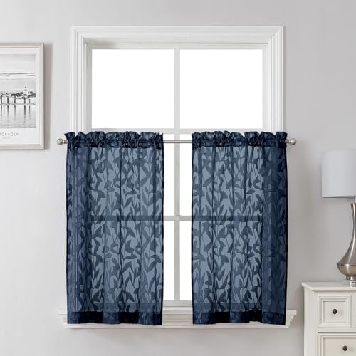 "Lecloud Leia Navy Blue Sheer Kitchen Curtains 30 Inch Length 2 Pcs, Leaf Textured Voile Modern Jacquard Tiers, Dual Rod Pocket Window Treatments for Bedroom Living Room, 30"" W x 30"" L"