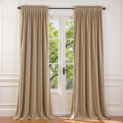 Lazzzy Velvet Curtain Beige Thermal Insulated Curtains 120 Inch Long Extra Long Drapes for Bedroom Living Room Light Filtering Window Treatments Rod Pocket, Set of 2, Latte