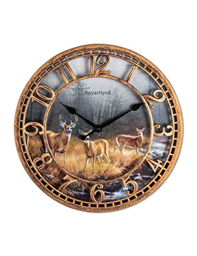 WANGIRO Round Wall Clock Farmhouse Plastic Deer Clock Battery Operated Silent Non-Ticking Rustic Clock 12 Inch for Home, Kitchen, Living Room, Bedroom, Office Decor (Antique Copper)