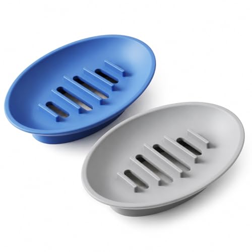2 Pack Soap Dish Silicone Self Draining Non-Slip Holder for Bathroom - Grey & Blue Self-Draining Soap Holder, Flexible Silicone Tray Easy to Clean Fits Shower Bathroom and Kitchen Sink