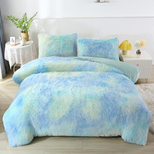 WINLIFE Faux Fur Bedding Comforter Set Shaggy Furry Fuzzy Tie Dye Comforter Long Hair Fluffy Plush Comforter Sets Soft Warm All Season Bed Sets for Girls (3Pcs, Twin, Blue Green)