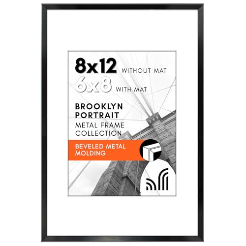 Americanflat Aluminum 8x12 Picture Frame with Shatter-Resistant Glass - Use as 6x8 Frame with Mat or Display 8x12 Photo Without Mat - Brooklyn Collection - Picture Frames for Tabletop or Wall - Black