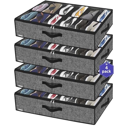 Onlyeasy Under Bed Shoe Storage Organizer For Closet, 4 Pack Fit 12x4 Pairs, Underbed Solution Shoes Container Bags with Sturdy Sidewall & Reinforced Handles, Breathable, Linen-like Black, MXAUBSB4P