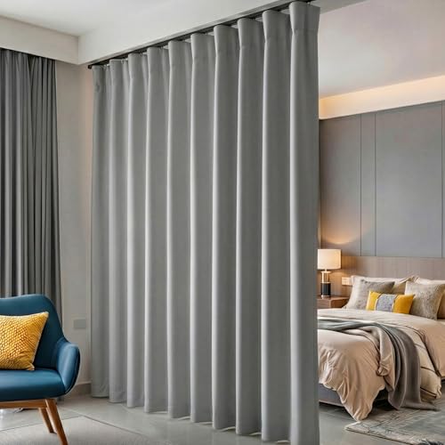 hoeflife Room Divider Curtains Blackout Floor to Ceiling Curtain with Hook Wall Mount Sliding Door Curtains Ceiling Mount Extra Wide Curtain Wall Divider for Room Separation(Light Grey,W100 x H108 in)