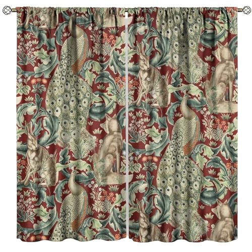 GoDazzling Vintage William Morris Wildlife Blackout Window Curtains, Rustic Boho Animal Plant Window Drapes, for Living Room Bedroom 21(W)*45(L) 2 Panels