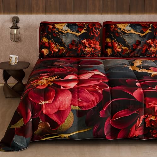 PETTI Artigiani Italiani - Winter Quilt, Winter Duvet, Double Sided Quilt, Solid Colour and Digital Floral Print 06 16, 100% Microfibre, Made in Italy