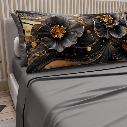 PETTI Artigiani Italiani - Cotton Sheets with Pillowcases in Digital Print, French Quarter, Complete Top and Bottom Sheet with Corners, Floral 06 22 Dark Grey, 100% Made in Italy