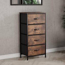 Vida Designs Chorley 4 Drawer Chest Of Drawers Fabric Storage Organizer Unit With Wood Top, Metal Frame & Handles - Ideal For Bedroom, Living Room, Nursery - Rustic Brown