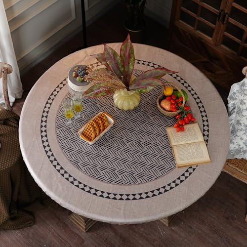 "Artbloss Round Fitted Tablecloth with Elastic Farmhouse Waterproof Oli Proof Table Cover Rustic Wipeable Vinyl Table Protector for Home Picnic Outdoor (Black, 46""-55"" Round Tight Fit)"