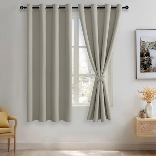 JIUZHEN Silver Grey Blackout Curtains with Tiebacks-Thermal Insulated, Light Blocking and Noise Reducing Grommet Curtain Drapes for Bedroom and Living Room, Set of 2 Curtain Panels, 52x63 Inch Length