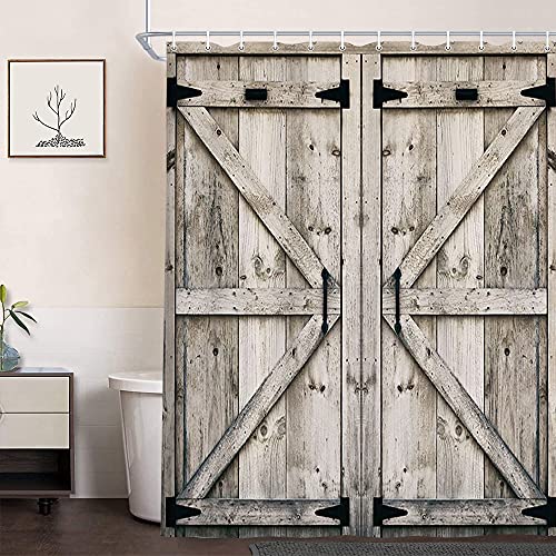 NYMB Rustic Wooden Vintage Farmhouse Wooden Country Barn Door Shower Curtain with 12 Hooks, Waterproof Garage Cabin Shower Curtain, 60X70in