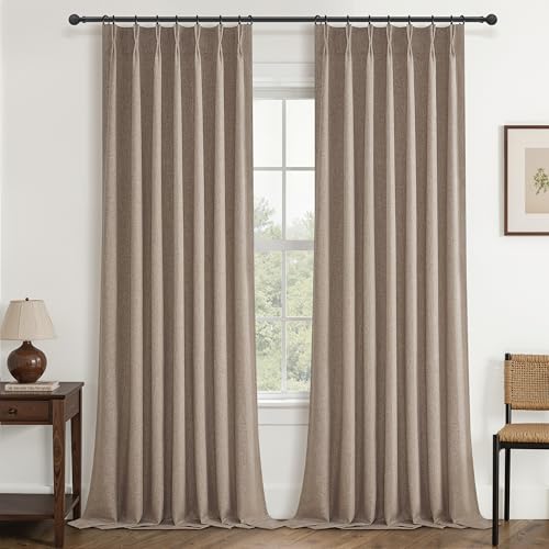 "QJmydeco Dark Flax Blackout 105 Inch Long Boho Living Room Curtains 2 Panels Set, Pinch Pleated Floor to Ceiling Farmhouse Heavy Curtain for Bedroom Darkening Thermal Linen Drapes 40"" Wx105 L"