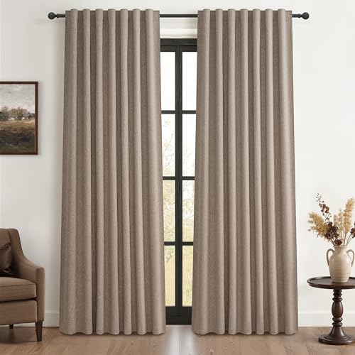 "QJmydeco Dark Flax Black Out 92 Inch Long Boho Curtains 2 Panel Set, Farmhouse Curtain for Living Room Darkening/Thermal/Noise Reduction Textured Linen Drape Hook&Ring Included Chocolate 50"" Wx92 L"