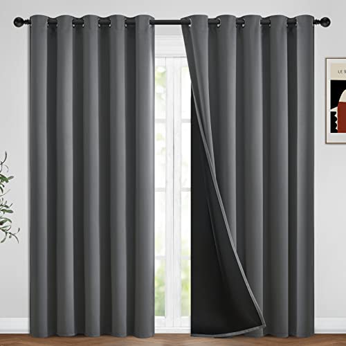 Yakamok 100% Blackout Curtains for Bedroom 84 Inch Length, Light Blocking Drapes with Black Backing, Thermal Insulated Solid Grommet Panels for Living Room, 62Wx84L, Grey, 2 Panels