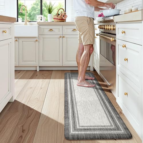 "KIMODE Anti Fatigue Kitchen Mat, Cushioned Farmhouse Kitchen Runner Rug, Non Slip Waterproof Kitchen Mat for Floor, Comfort Foam Standing Desk Mat for Laundry, Office, Sink Grey 17.3""x59"""