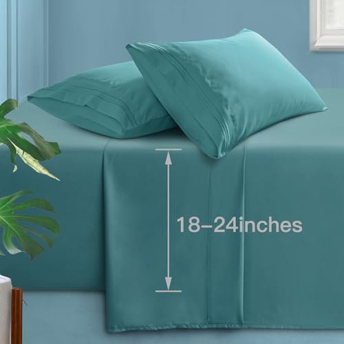 Manyshofu Extra Deep Pocket Full Sheets, Teal Microfiber, 4 Piece - 1800 Thread Count, Ultra-Fine Microfiber, Fits Up To 24 Inches Deep, Wrinkle And Fade Resistant, Machine Washable