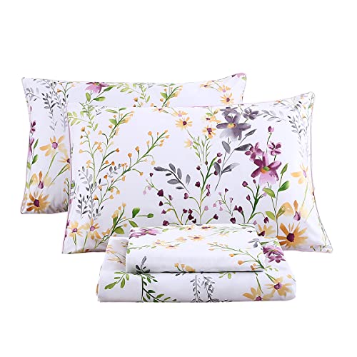 URBONUR Garden Floral Sheets Set 4-Pieces Egyptian Cotton Luxurious Bedding Sheet Set Soft Silky Crisp Percale Sheets Shabby Chic Flowers Bed Linen Set (4Pcs, Full Size)