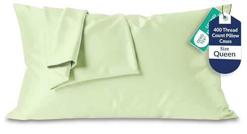 "Royale Linens 400 Thread Count 100% American Grown Cotton Pillowcase Set - Luxury Sateen Queen Pillow case - 20""x30"" Inch - Soft & Smooth Set of 2 Sage Green Pillowcases - (Queen, Florentine Sage)"