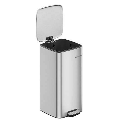 SONGMICS Kitchen Bin, 8-Gallon (30 L) Trash Bin, Stainless Steel Pedal Bin, with Inner Bucket, Soft Close and Stays Open, Metallic Silver LTB593E01