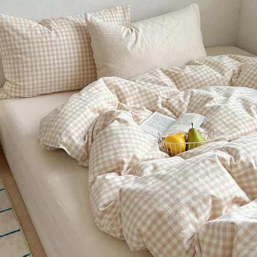 Erwinmu Gingham Comforter Set Twin Size - 2 Pieces Beige White Gingham Comforter Bedding Sets Checkered Pattern,Twin Bed in a Bag with Plaid Comforter and 1 Pillowcase