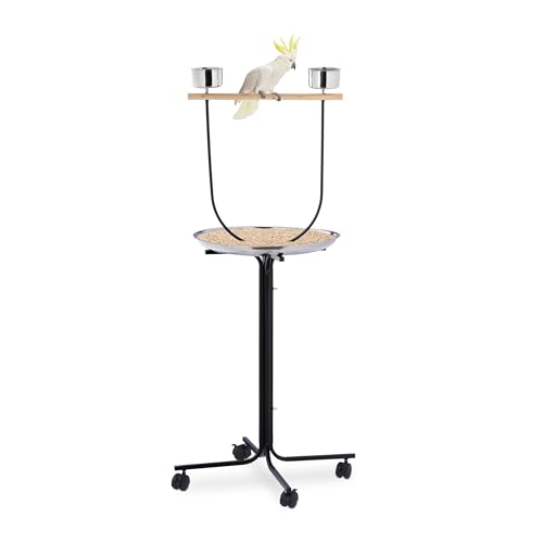 Relaxdays Parrot Perch, Approach Bar, 2 Feeding Bowls & Drip Tray, On Wheels, Steel Metal, Bird Cage Accessories, Black, Plastic, 130 x 60 x 60 cm