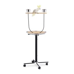 Relaxdays Parrot Perch, Approach Bar, 2 Feeding Bowls & Drip Tray, On Wheels, Steel Metal, Bird Cage Accessories, Black
