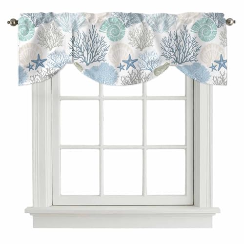 Tie Up Valance for Windows Nautical Coastal Ocean Coral Curtains Valances Rod Pocket Valance Window Treatments Beach Themed Blue Teal Balloon Curtains for Kitchen Living Room Bedroom Bathroom 42x18
