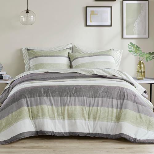Madison Park Jaxon Full Comforter Set, Bed in A Bag Comforter & Sheet Set, Modern Casual Stripes Print, All Seasons, Soft Bedding Makeover, Matching Sham, Full Green/Grey 7 Piece
