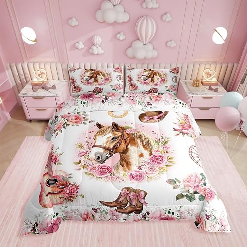 Erosebridal Pink Western Horse Twin Comforter Set for Girls,Cowgirl Boots and Bows Bedding Sets for Kids Teen,Retro Rustic Country Horses Bed Set,Pink Floral Room Decor with 1 Pillowcase